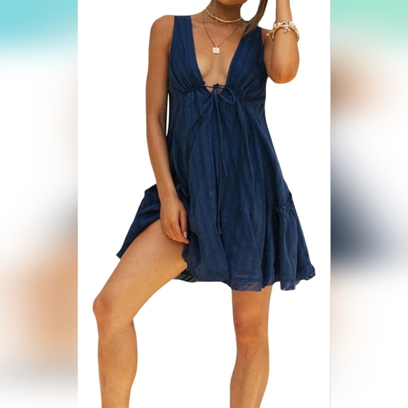 NWOT Deep V Tie Front/Back A-Line Baby Doll Mini Dress/Swim Cover, XL, Navy Blue - Picture 6 of 6